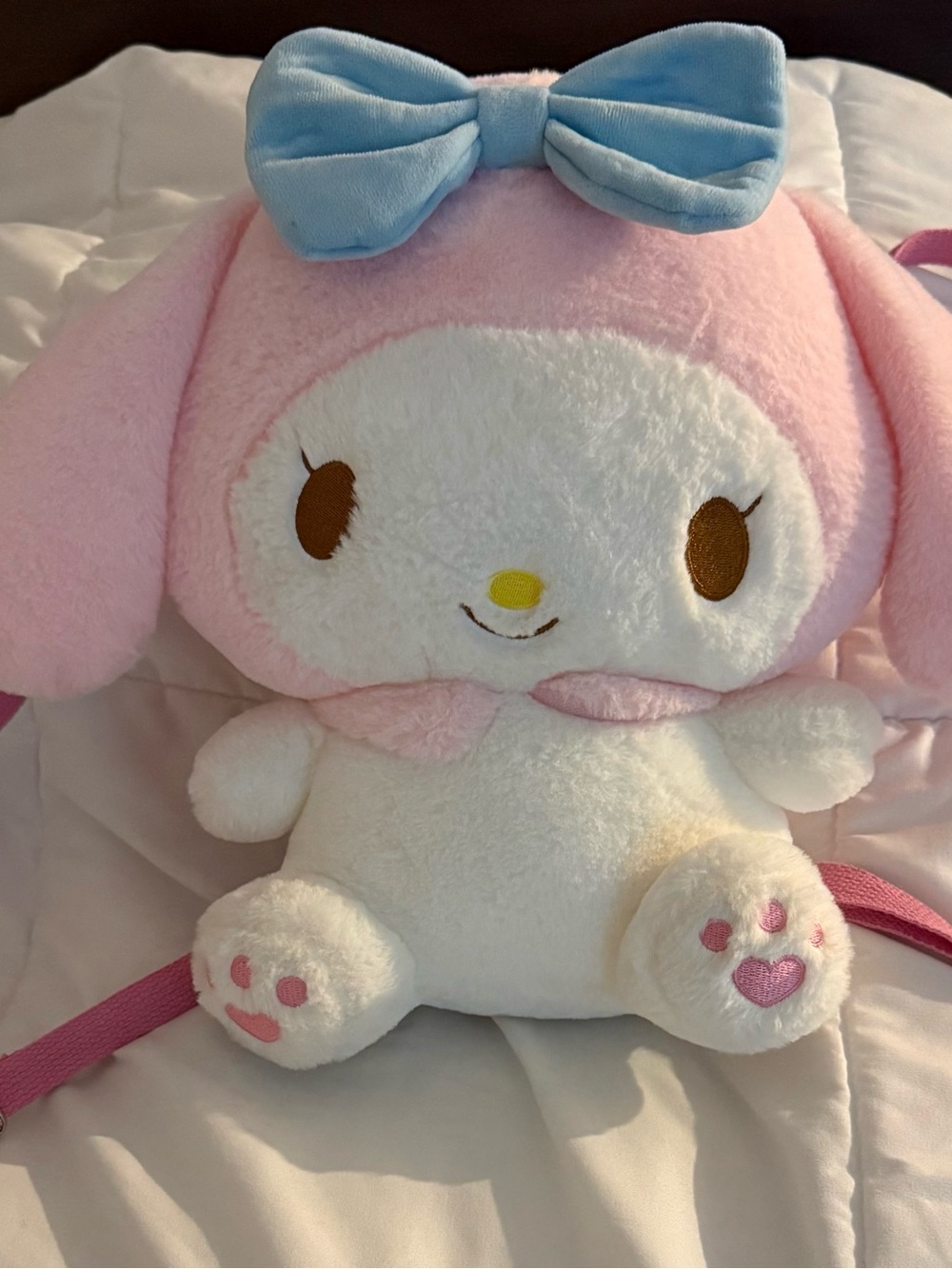 Sanrio-Inspired Pink & White Plush Kids Backpack with Blue Bow